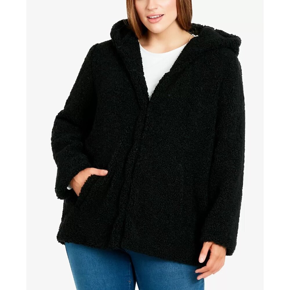 Evans Womens Size 10 US Teddy Sherpa Hooded Coat in Black Hook Closure Lined‎